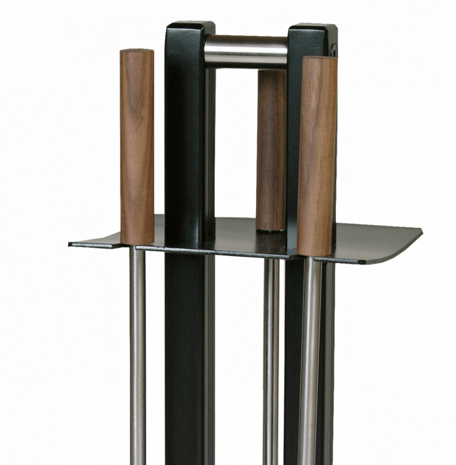 Serviteur de cheminée, noir et inox, poignées noyer